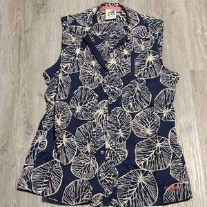 Navy and Cream Leaf Print Sleeveless Top